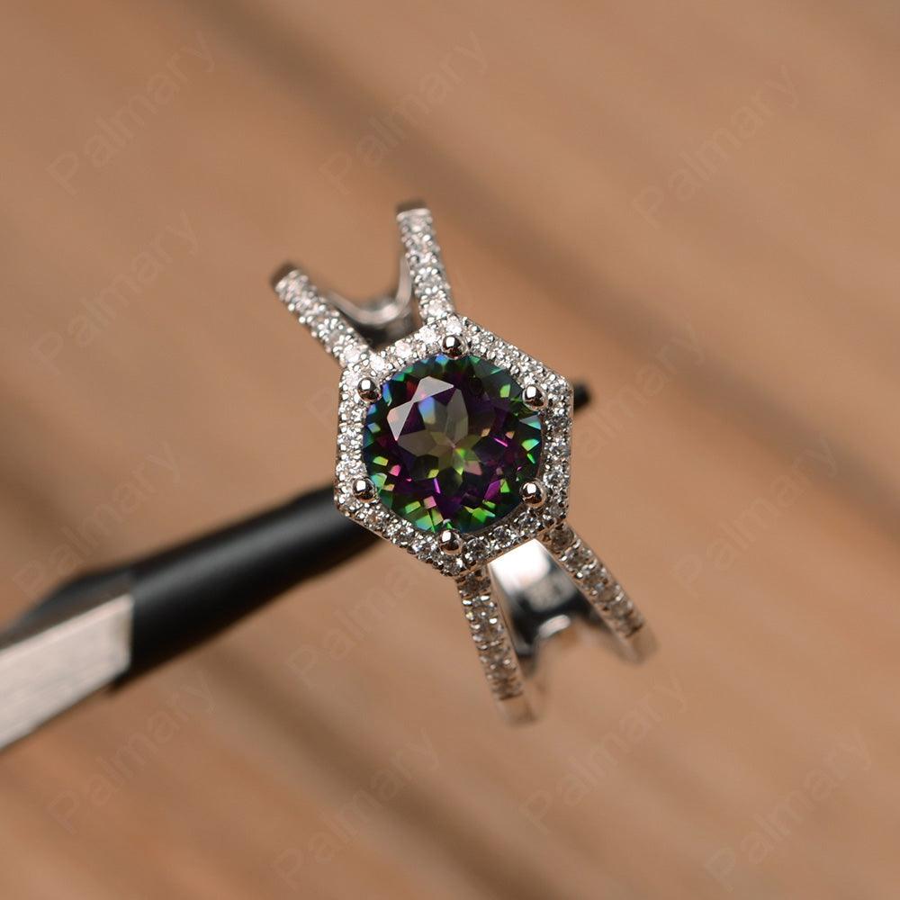 Hexagon Shaped Split Mystic Topaz Halo Rings - Palmary