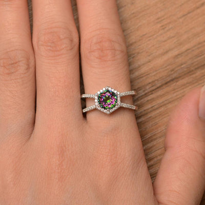 Hexagon Shaped Split Mystic Topaz Halo Rings - Palmary