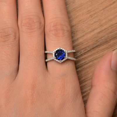 Hexagon Shaped Split Sapphire Halo Rings - Palmary