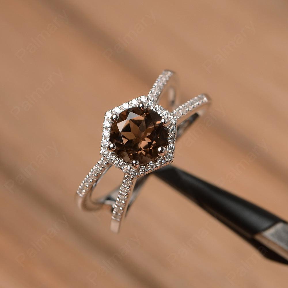 Hexagon Shaped Split Smoky Quartz  Halo Rings - Palmary