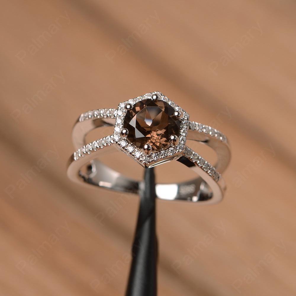 Hexagon Shaped Split Smoky Quartz  Halo Rings - Palmary