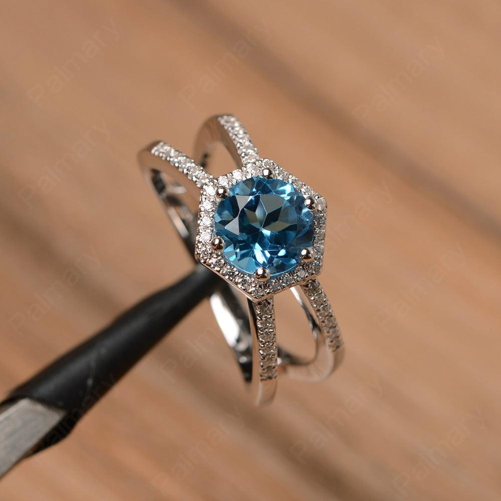 Hexagon Shaped Split Swiss Blue Topaz Halo Rings - Palmary