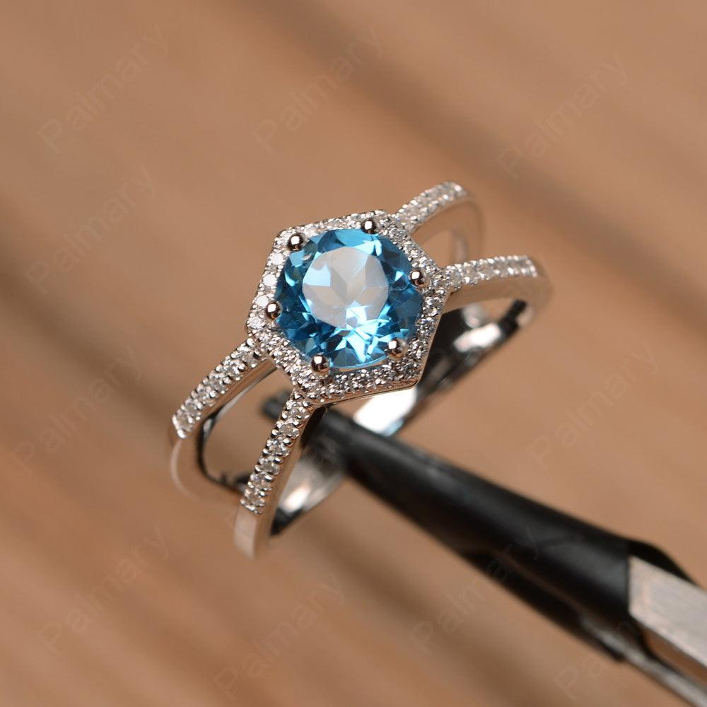 Hexagon Shaped Split Swiss Blue Topaz Halo Rings - Palmary