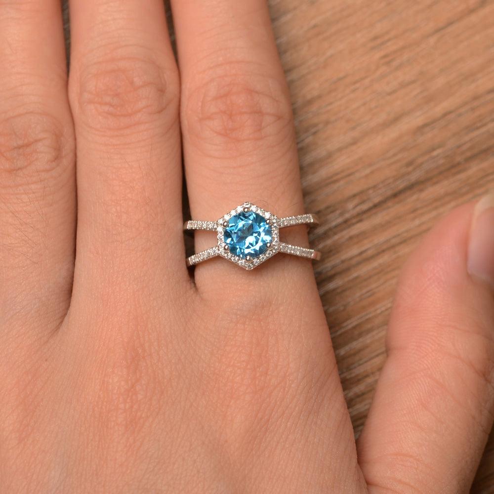 Hexagon Shaped Split Swiss Blue Topaz Halo Rings - Palmary