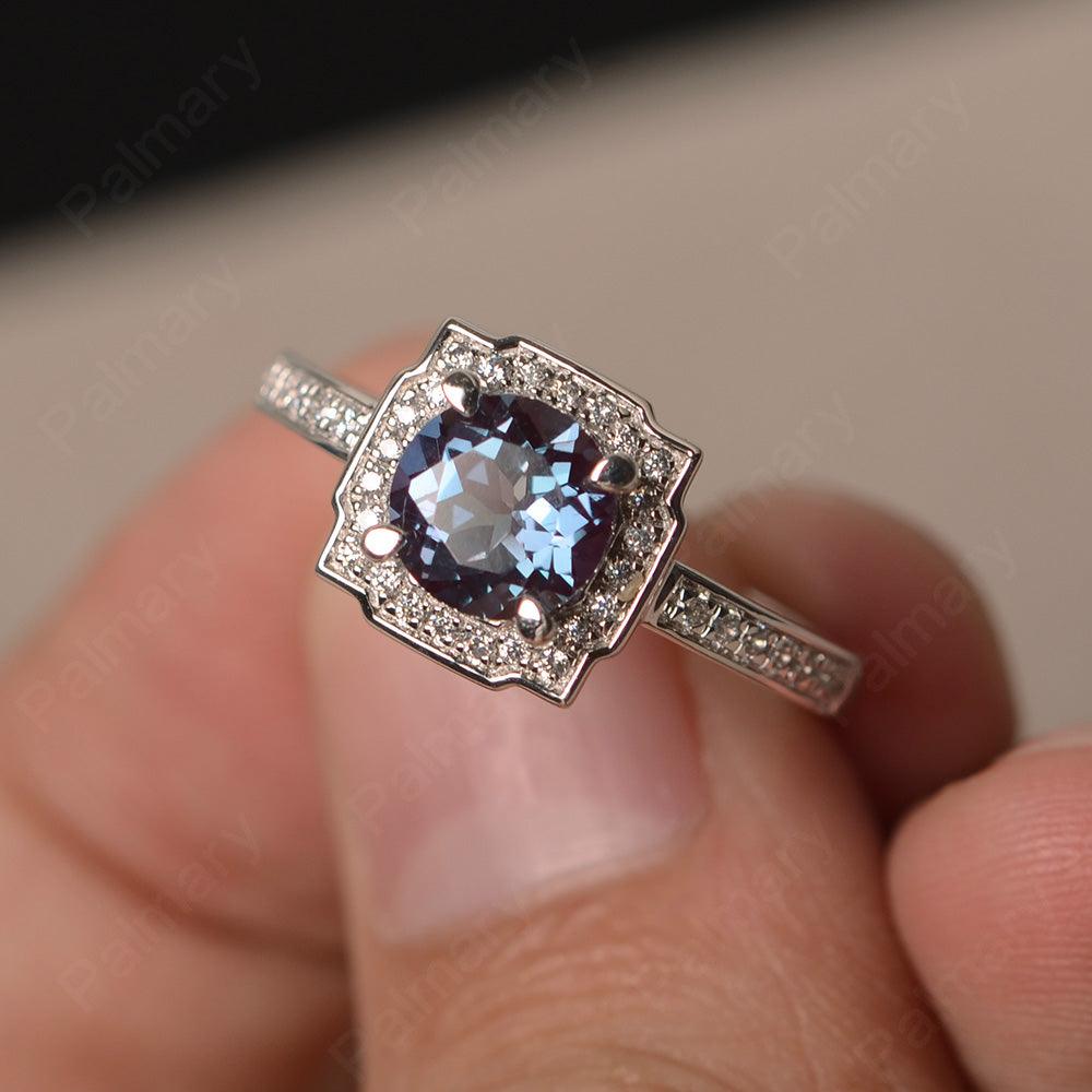 Round Cut Alexandrite Halo Promise Rings - Palmary