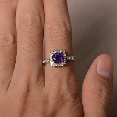 Round Cut Amethyst Halo Promise Rings - Palmary