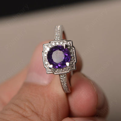 Round Cut Amethyst Halo Promise Rings - Palmary