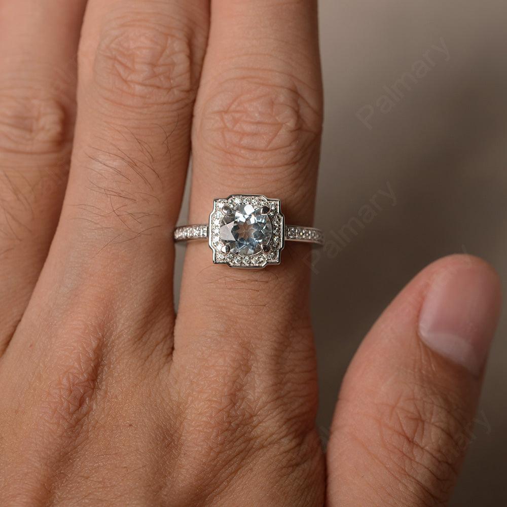 Round Cut Aquamarine Halo Promise Rings - Palmary