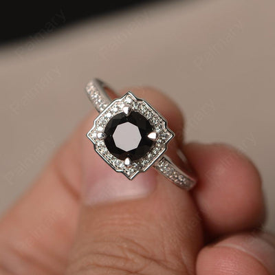 Round Cut Black Spinel Halo Promise Rings - Palmary