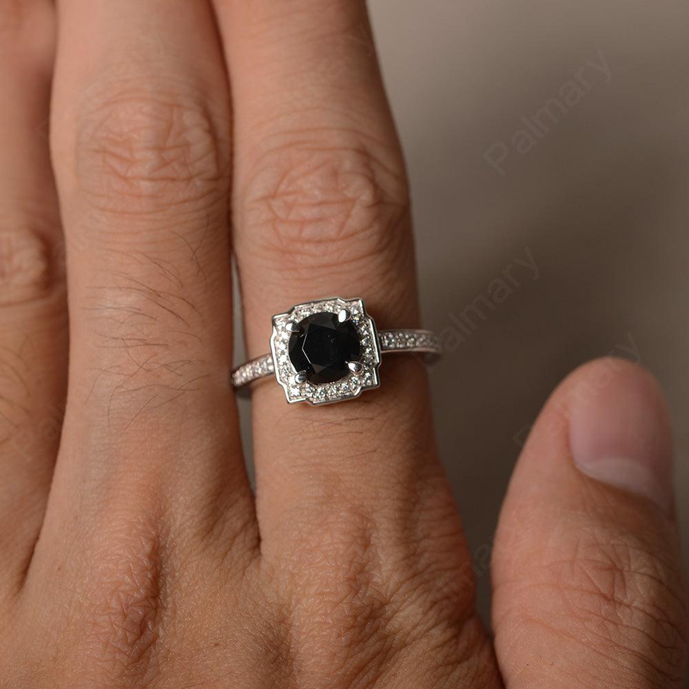 Round Cut Black Spinel Halo Promise Rings - Palmary