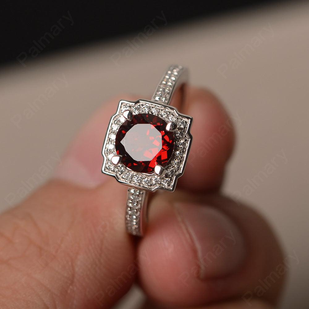 Round Cut Garnet Halo Promise Rings - Palmary