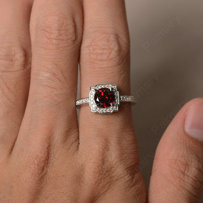 Round Cut Garnet Halo Promise Rings - Palmary