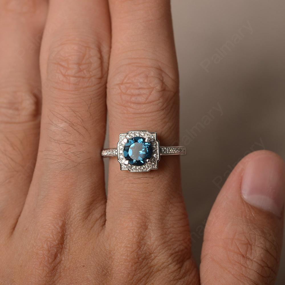 Round Cut London Blue Topaz Halo Promise Rings - Palmary