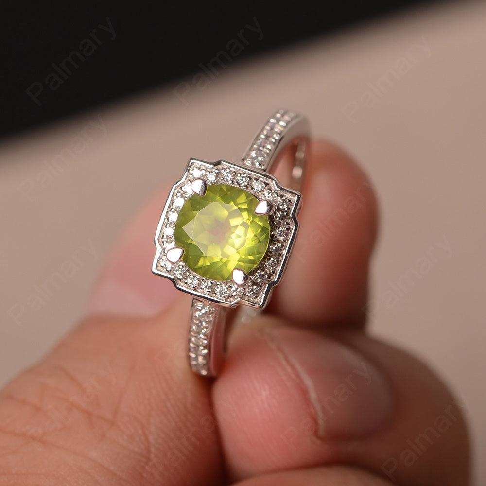 Round Cut Peridot Halo Promise Rings - Palmary