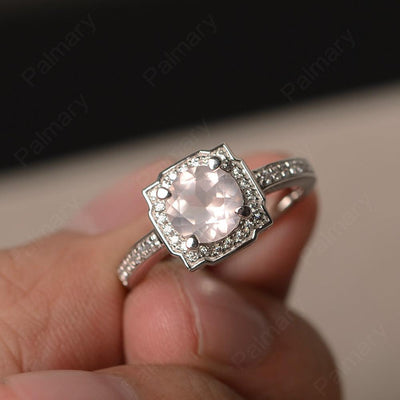 Round Cut Rose Quartz Halo Promise Rings - Palmary