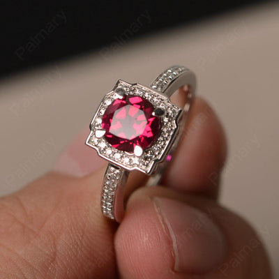 Round Cut Ruby Halo Promise Rings - Palmary