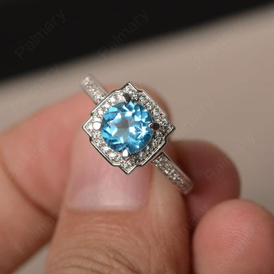 Round Cut Swiss Blue Topaz Halo Promise Rings - Palmary