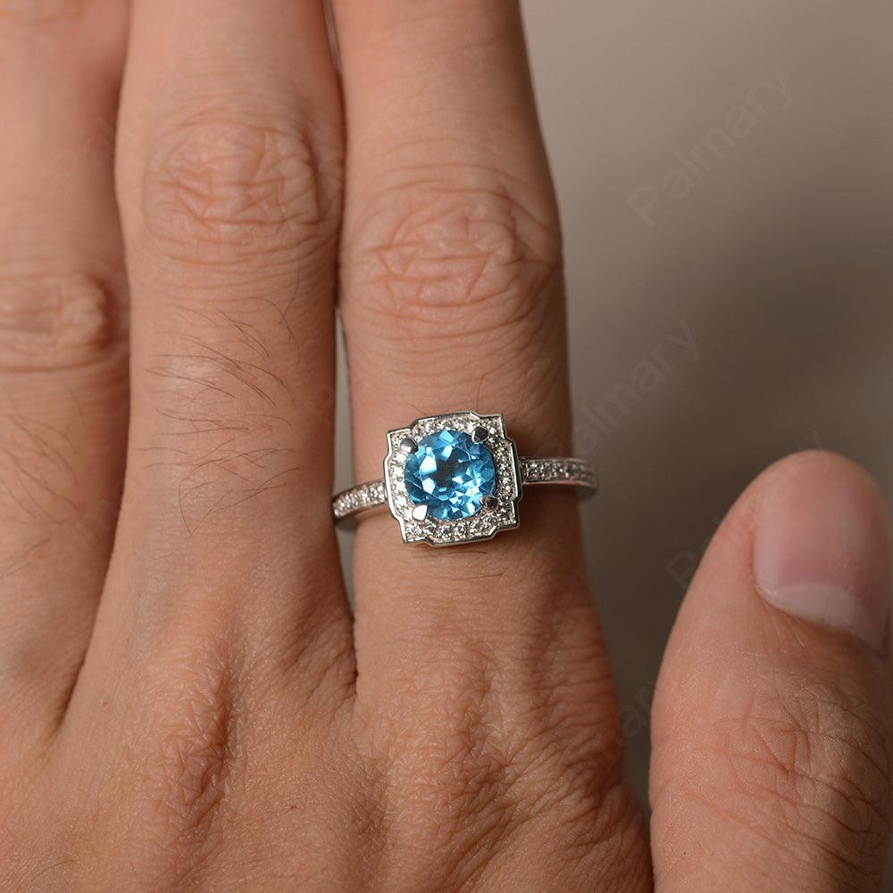 Round Cut Swiss Blue Topaz Halo Promise Rings - Palmary