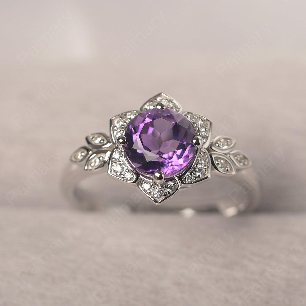 Dainty Round Cut Amethyst Wedding Rings - Palmary