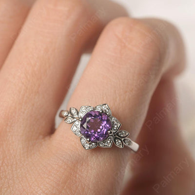 Dainty Round Cut Amethyst Wedding Rings - Palmary