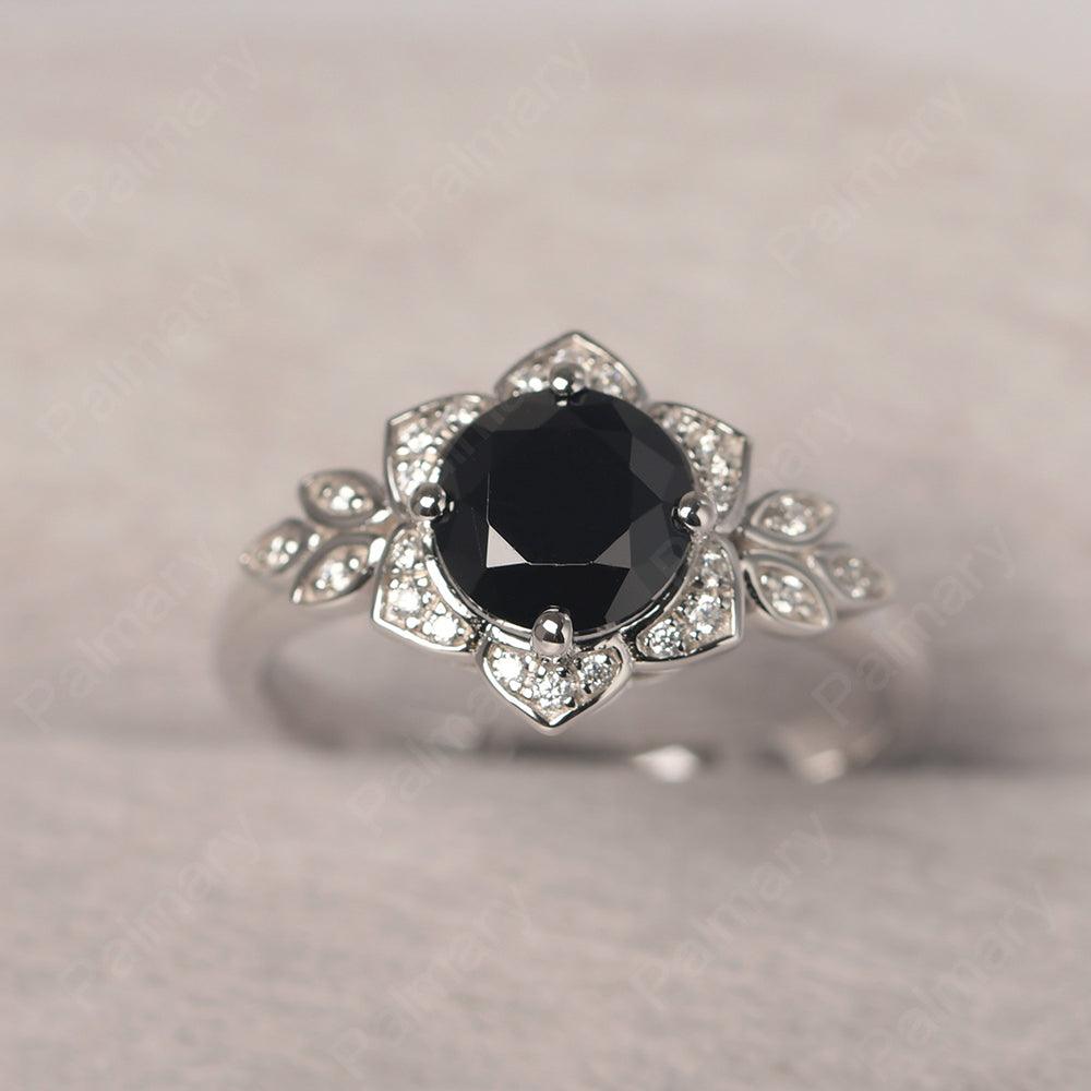 Dainty Round Cut Black Spinel Wedding Rings - Palmary