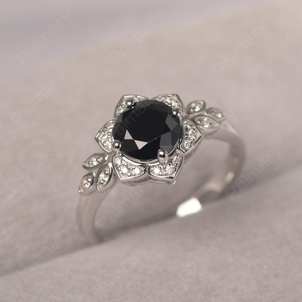 Dainty Round Cut Black Spinel Wedding Rings - Palmary