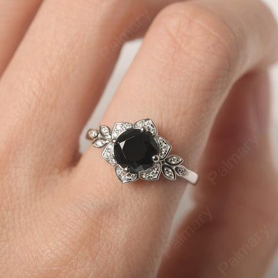 Dainty Round Cut Black Spinel Wedding Rings - Palmary