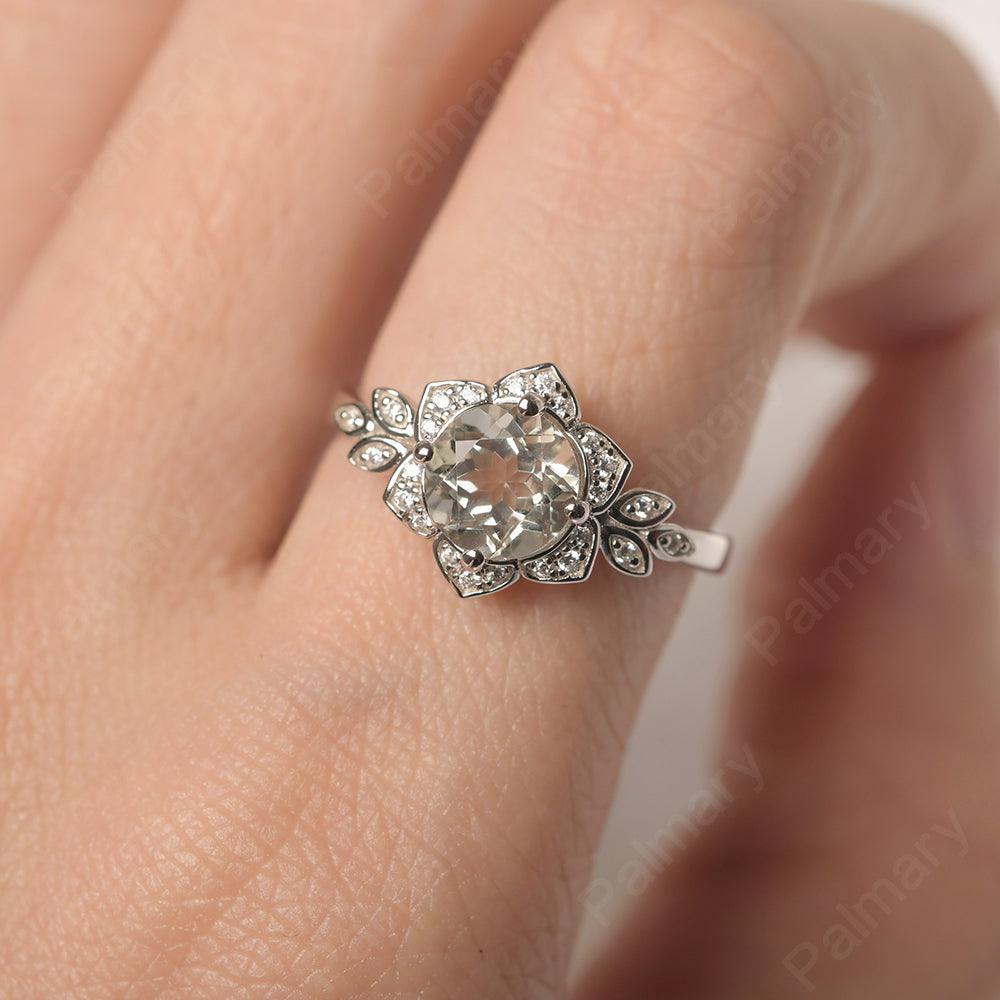 Dainty Round Cut Green Amethyst Wedding Rings - Palmary