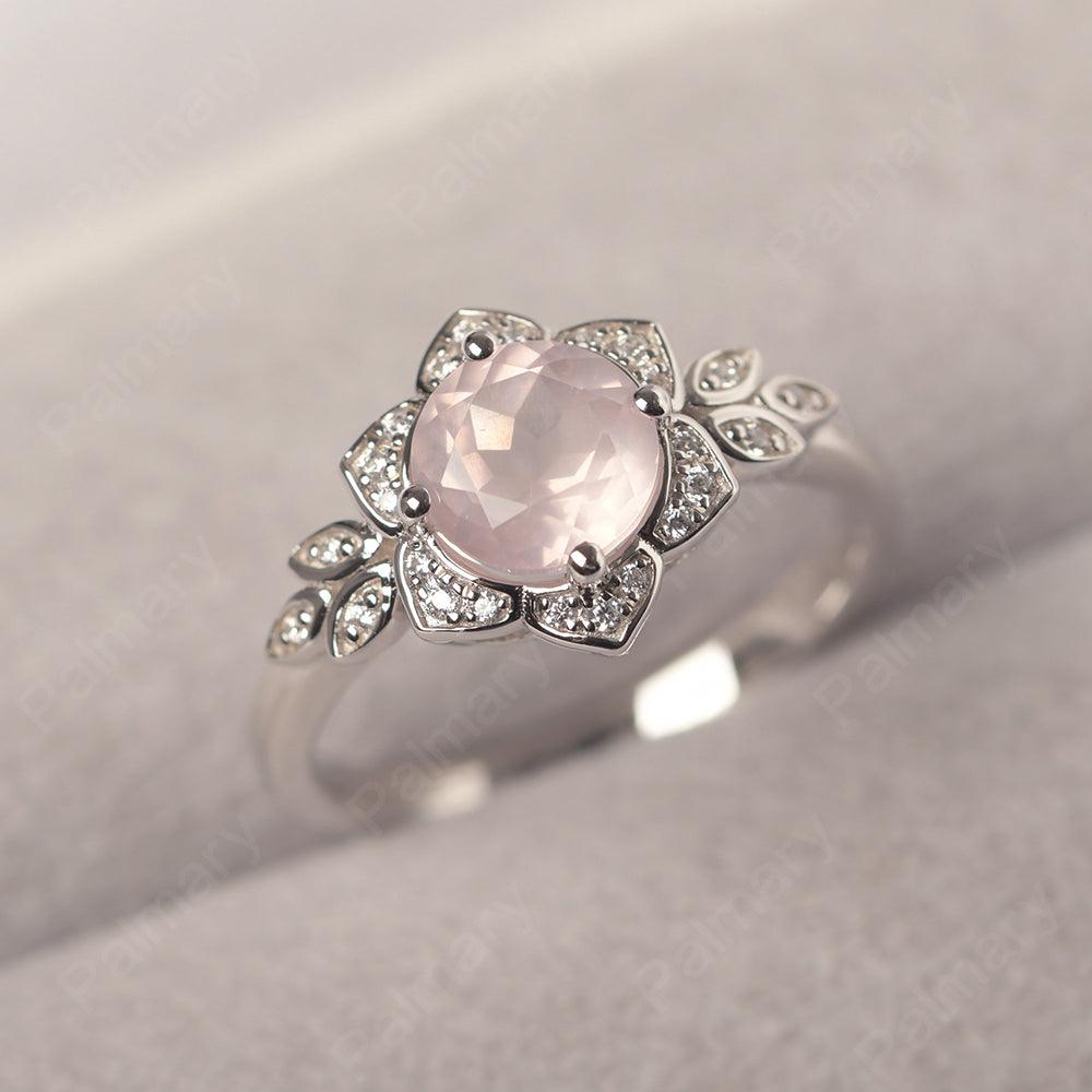 Dainty Round Cut Rose Quartz Wedding Rings - Palmary