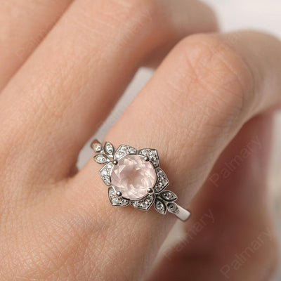 Dainty Round Cut Rose Quartz Wedding Rings - Palmary