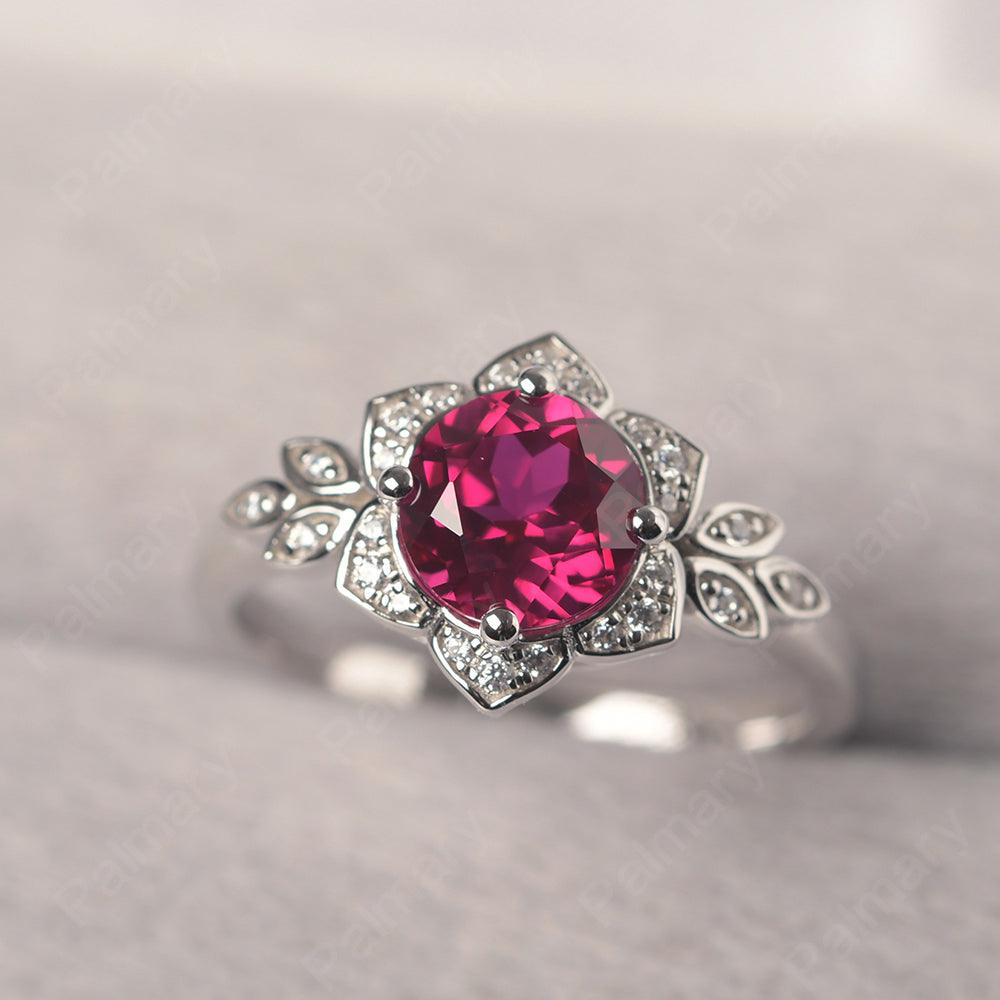 Dainty Round Cut Ruby Wedding Rings - Palmary