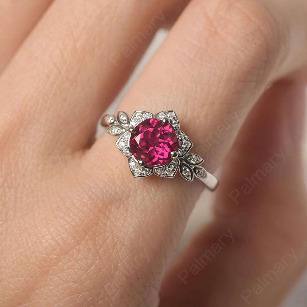 Dainty Round Cut Ruby Wedding Rings - Palmary