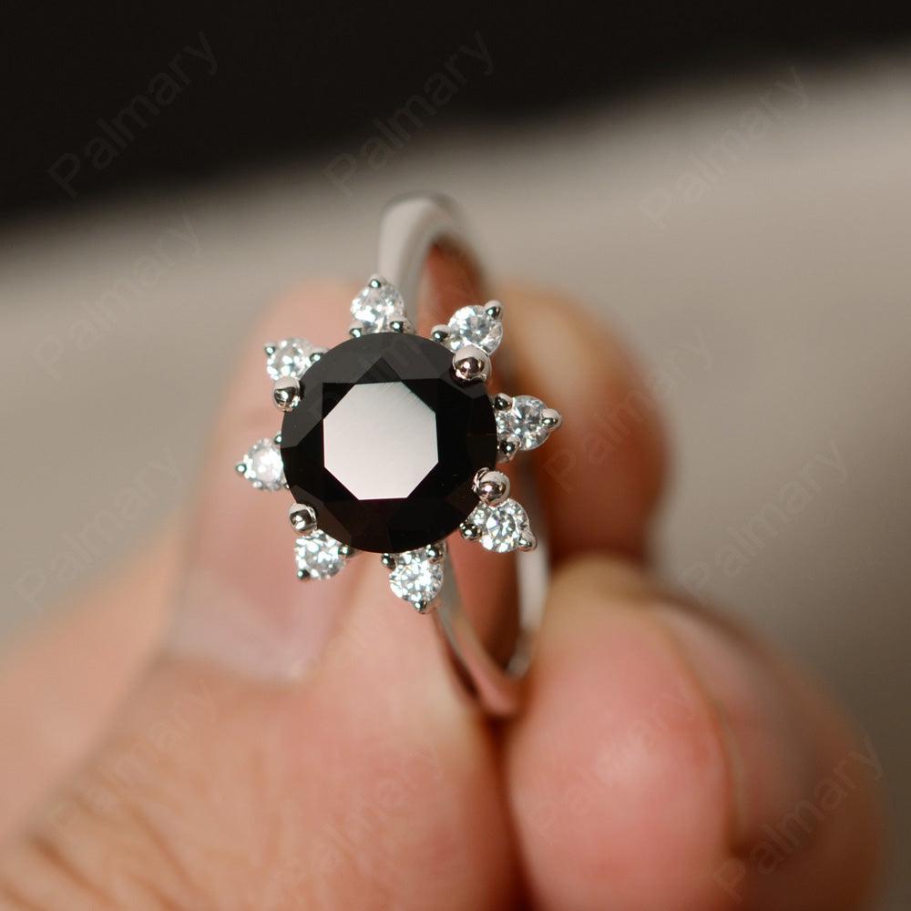 Round Cut Black Spinel Halo Rings - Palmary