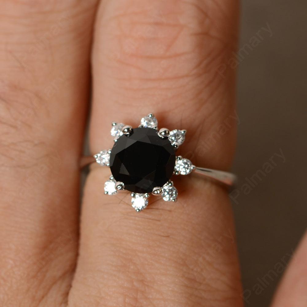 Round Cut Black Spinel Halo Rings - Palmary