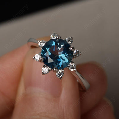 Round Cut London Blue Topaz Halo Rings - Palmary