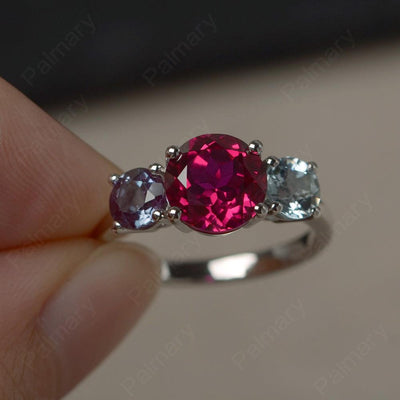 Three Stone Alexandrite And Aquamarine And Ruby Engagement Ring - Palmary