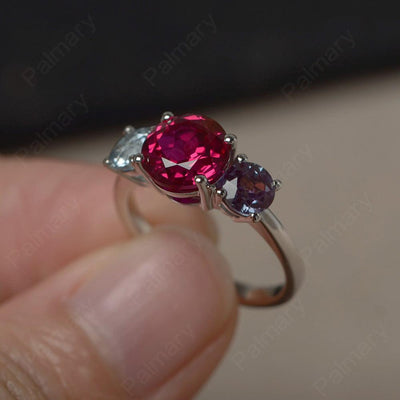 Three Stone Alexandrite And Aquamarine And Ruby Engagement Ring - Palmary