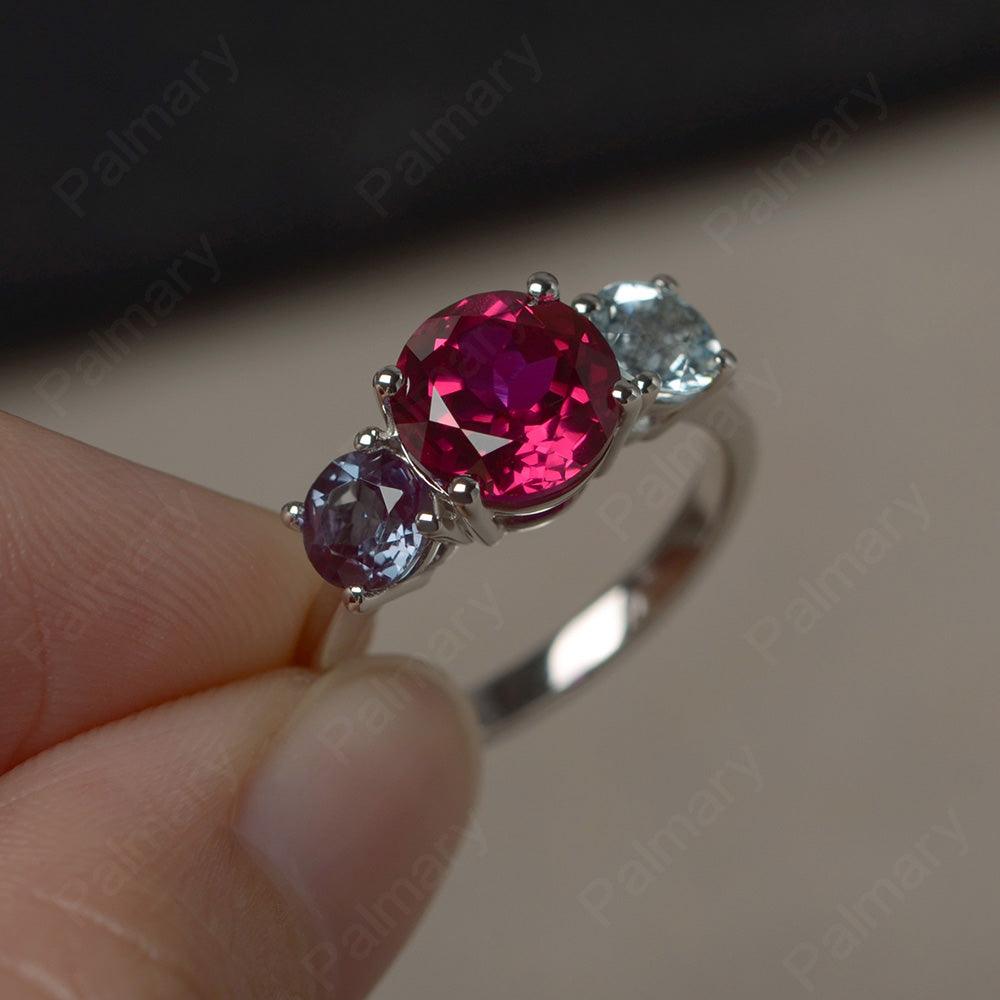 Three Stone Alexandrite And Aquamarine And Ruby Engagement Ring - Palmary