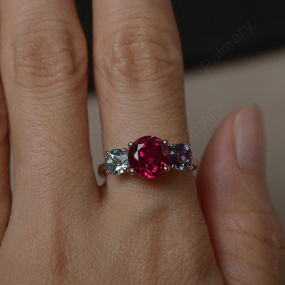 Three Stone Alexandrite And Aquamarine And Ruby Engagement Ring - Palmary