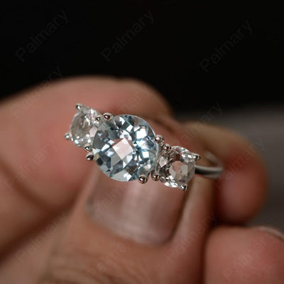 Three Stone Aquamarine And White Topaz Engagement Ring - Palmary