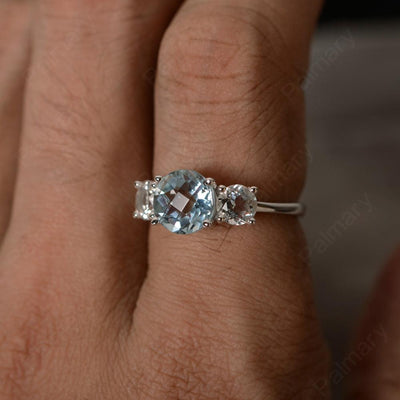 Three Stone Aquamarine And White Topaz Engagement Ring - Palmary