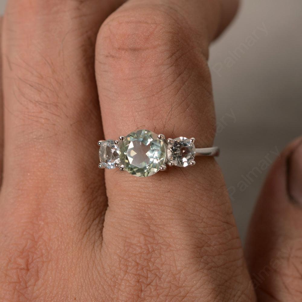 Three Stone Green Amethyst And White Topaz Engagement Ring - Palmary