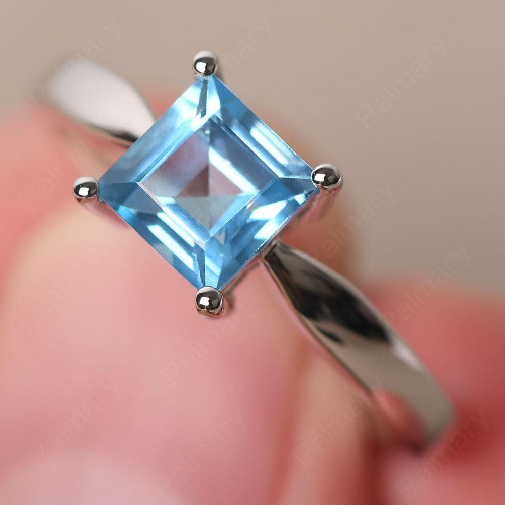 Square Swiss Blue Topaz Solitaire Rings Silver - Palmary