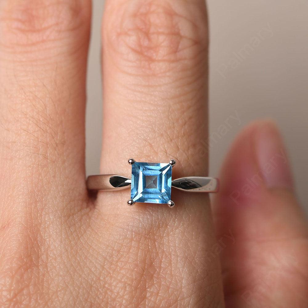 Square Swiss Blue Topaz Solitaire Rings Silver - Palmary