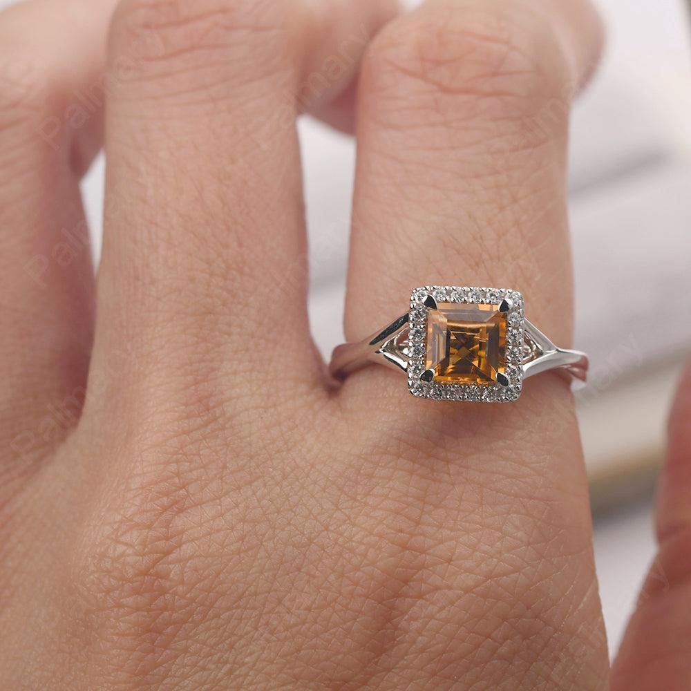 Twisted Square Cut Citrine Halo Ring - Palmary