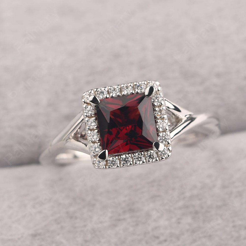 Twisted Princess Cut Garnet Halo Ring - Palmary