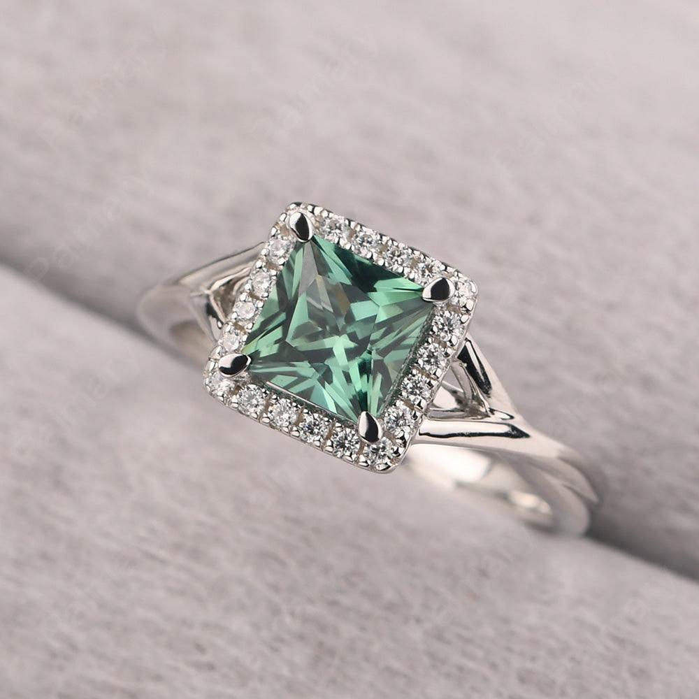 Twisted Princess Cut Green Sapphire Halo Ring - Palmary