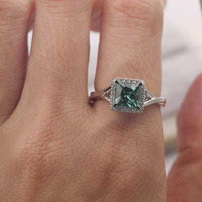 Twisted Princess Cut Green Sapphire Halo Ring - Palmary