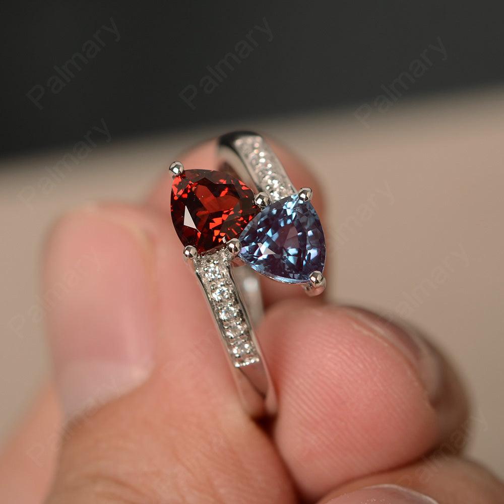 Trillion Cut Alexandrite And Garnet Two Stone Rings - Palmary
