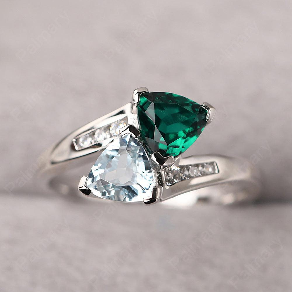 Two Stone Trillion Cut Aquamarine And Emerald Rings - Palmary